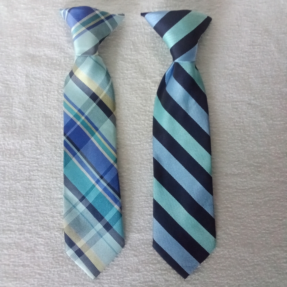 Boys 2 Clip On Ties Blue Stripes & Plaid